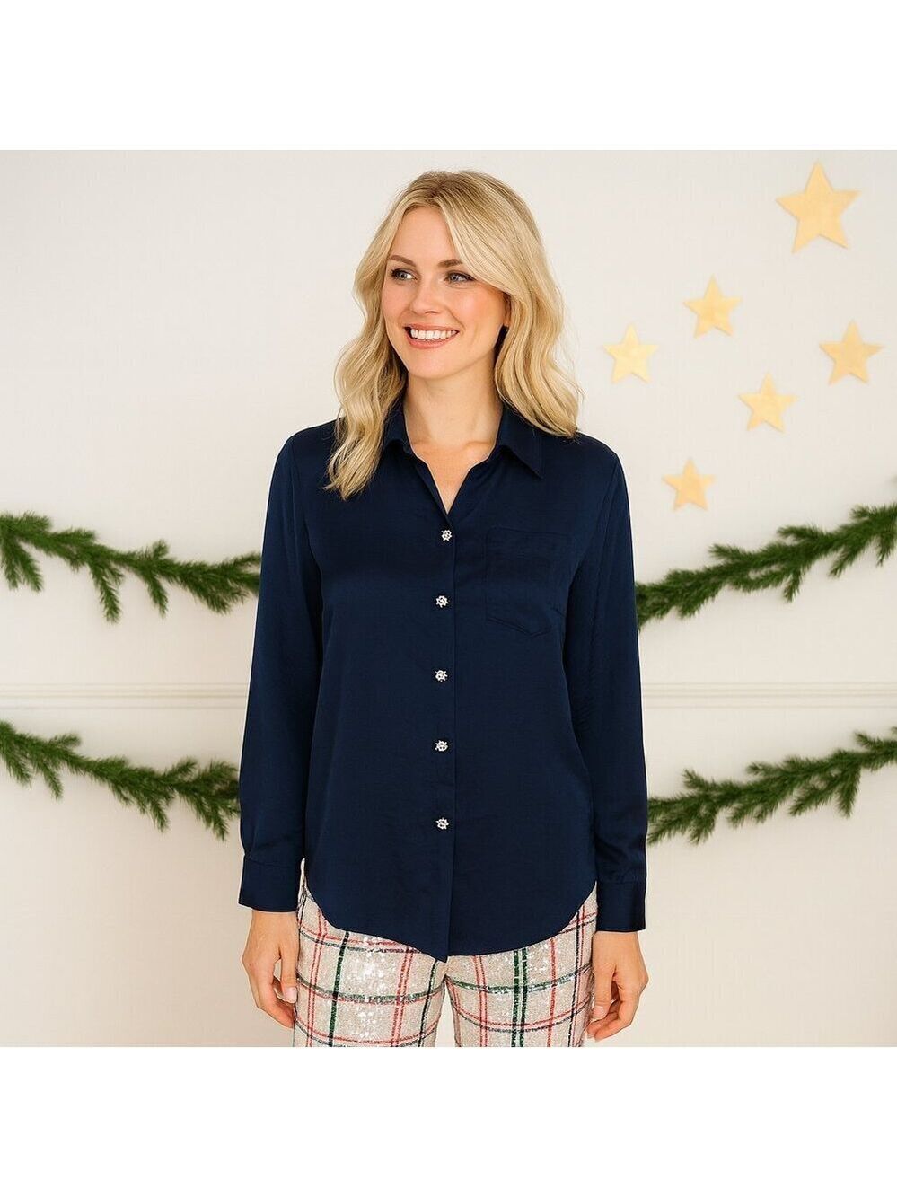 Alex & Lili Navy Blue Dressy Button Down Blouse w/ Rhinestone Buttons – Size M